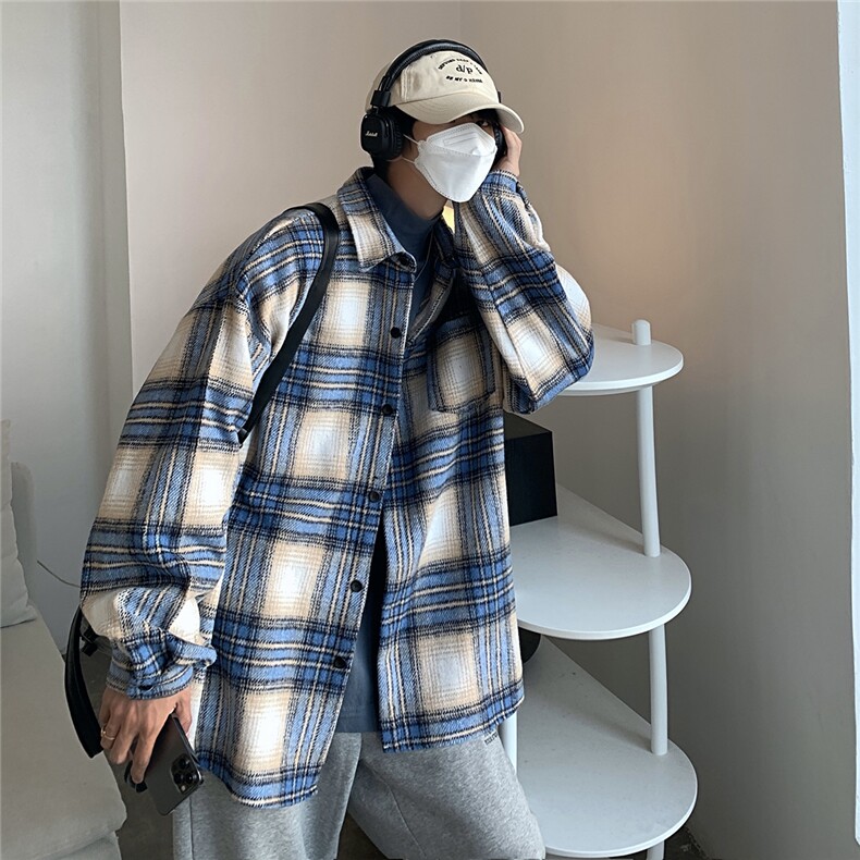 23春秋格子衬衫磨毛宽松毛呢料衬衣帅气外套DX159P6588,男装衬衫,电商B413-1