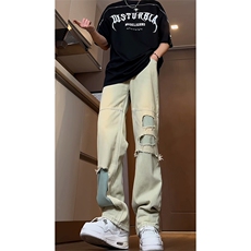 B221美式ins高街暗黑小众撞色破洞直筒牛仔裤LK23109-P65控88，男装牛仔裤，电商B221