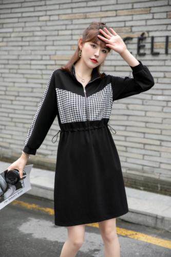 秋装新款上市：罗马针织拼接千鸟格休闲连衣裙M一XXL，女装连衣裙，拉思维加丝