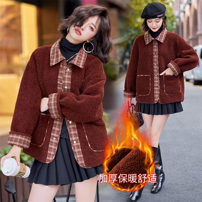 2025新款（现货）加厚气质翻领格纹撞色拼接加厚保暖仿羊羔毛外套,女装羊羔毛/颗粒绒,难舍钰依
