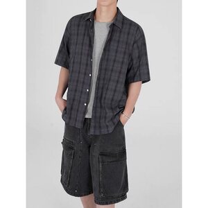 复古格子短袖衬衫男夏季宽松休闲衬衣通勤痞帅半袖上衣CS370