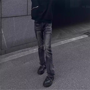 美式高街vibe风复古水洗黑灰牛仔裤男微喇修身直筒显瘦裤NL613,灰黑豹纹裙搭配图片
