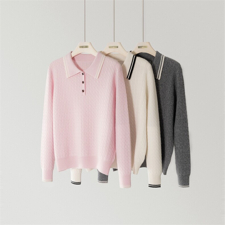 2025时尚百搭秋冬新款小麻花polo领羊绒衫,女装羊绒衫,绒知纯羊绒
