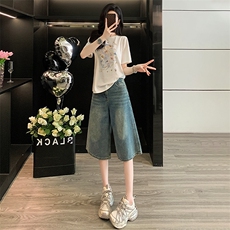 女夏季新款时尚运动休闲套装减龄百搭圆领短袖宽松牛仔中裤两件套，女装套装/套裙，2C310