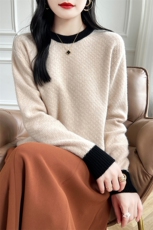 圆领套头羊毛衫女秋冬新款宽松显瘦黑白拼接撞色长袖短款，女装羊毛衫，蒙特羊绒