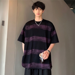 做旧扎染条纹短袖男款美式小领口短袖条纹T702-P28图片