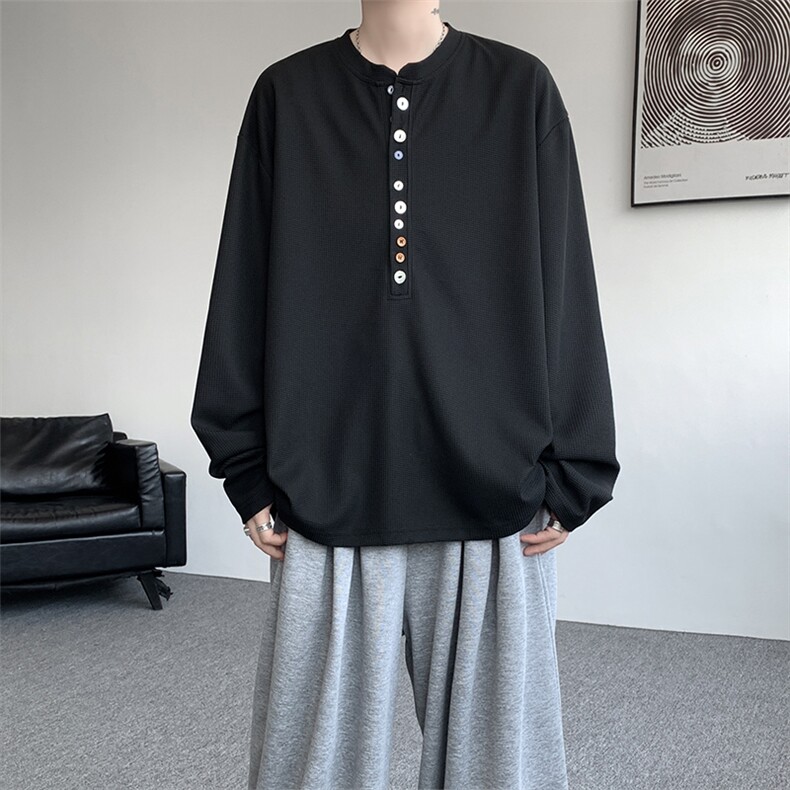 8XL-M 慵懒肌理感华夫格廓形云母贝纽扣长袖T恤打底长袖CX3006P48图片
