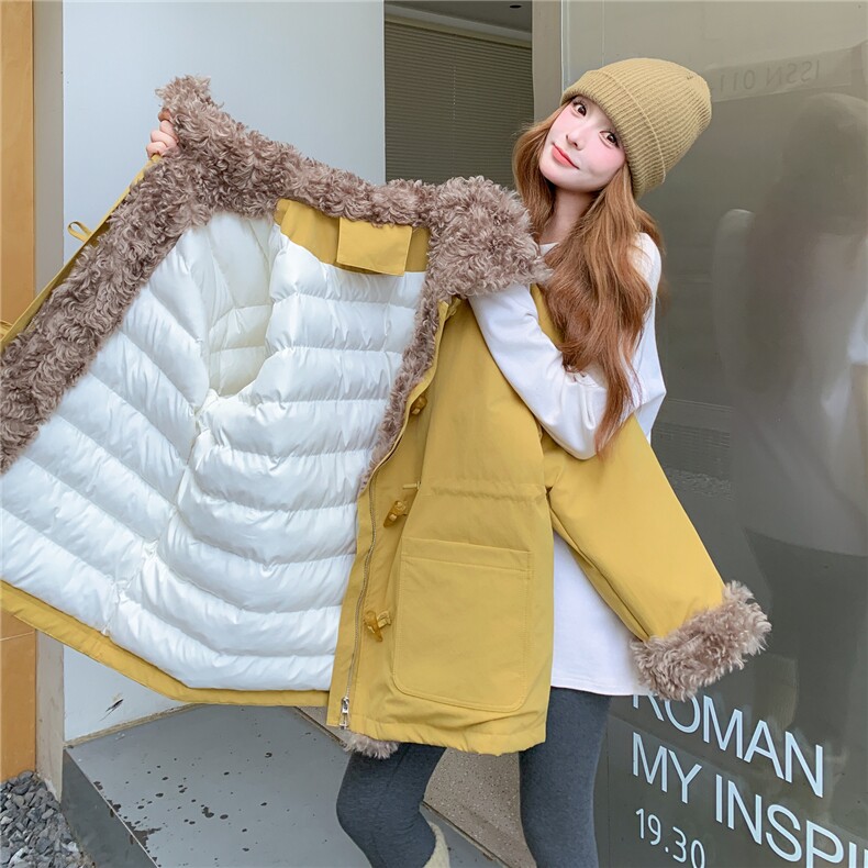 拼环保羊羔毛宽松款派克棉服可收腰--2B72--8867--P215--K298，女装派克服，乐吉娜