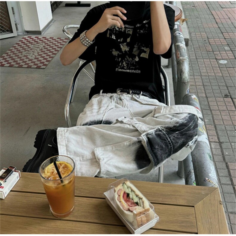 嘻哈复古设计喷墨脏白牛仔裤男宽松阔腿多口袋绑带工装裤N7688,男装牛仔裤,星座1116A（原606A-3）