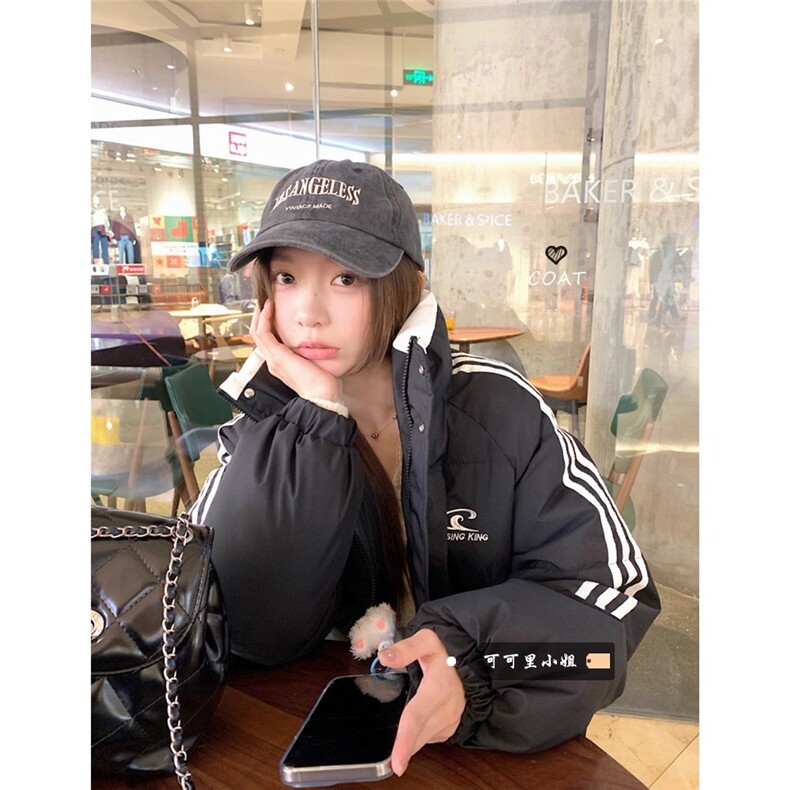 黑色韩系休闲短款羽绒棉服女2025冬季新款学院风三条杠面包服外套,男装棉衣,星座1210-1