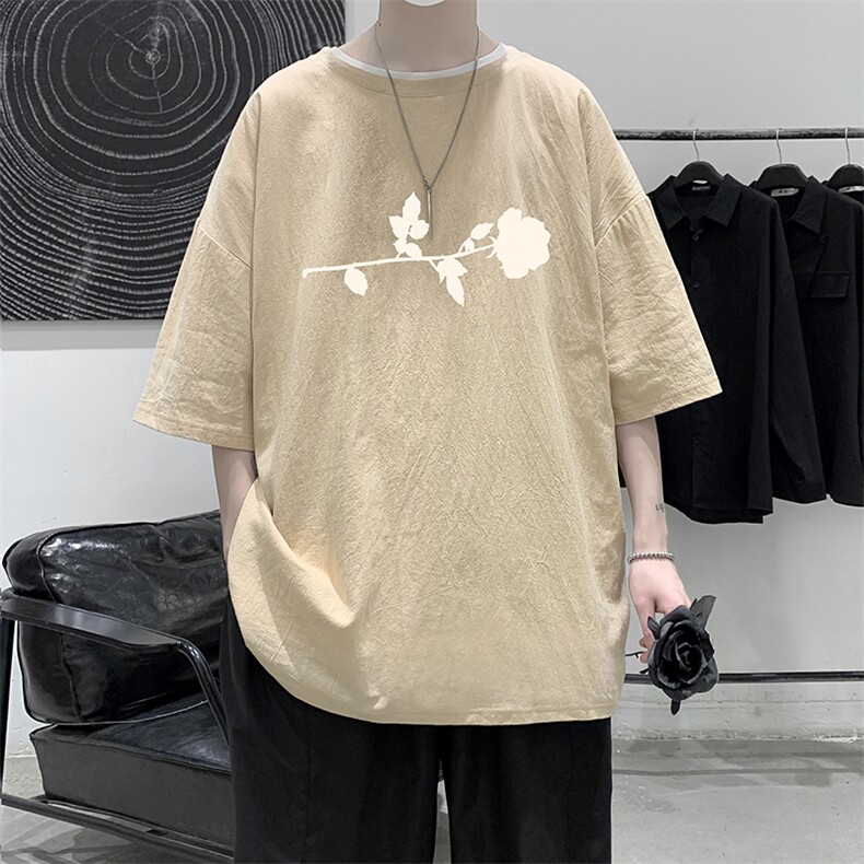 YT26360-P30亚麻短袖t恤男大码五分袖男宽松七分袖大皂风模特,男装T恤,电商A040