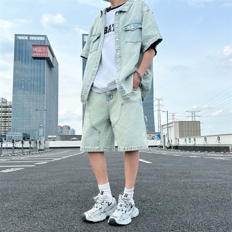 洗水工艺做旧牛仔衬衫直筒宽松休闲牛仔五分短裤男套装TZ029-P100，男装牛仔裤，星座308B-1