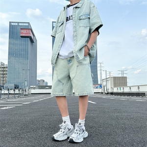 洗水工艺做旧牛仔衬衫直筒宽松休闲牛仔五分短裤男套装TZ029-P100，男装牛仔裤，星座308B-1