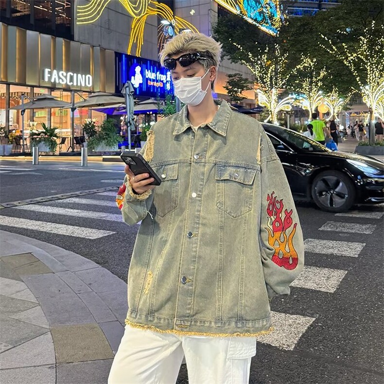 日系翻领单排扣常规复古水洗破坏火焰刺绣牛仔外套男气质潮流,男装工装外套,星座410-6（原星座1304-1）