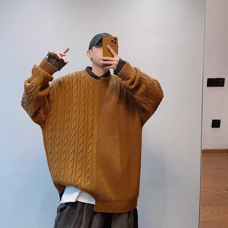 圆领毛衣男长袖秋季不规则拼接时尚休闲青年修身套头打底衫上衣潮图片