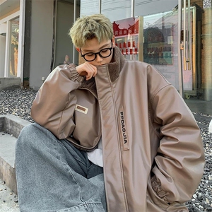 港风贴标PU皮立领棉服男加棉加厚机车服皮衣外套M91特P100控178图片