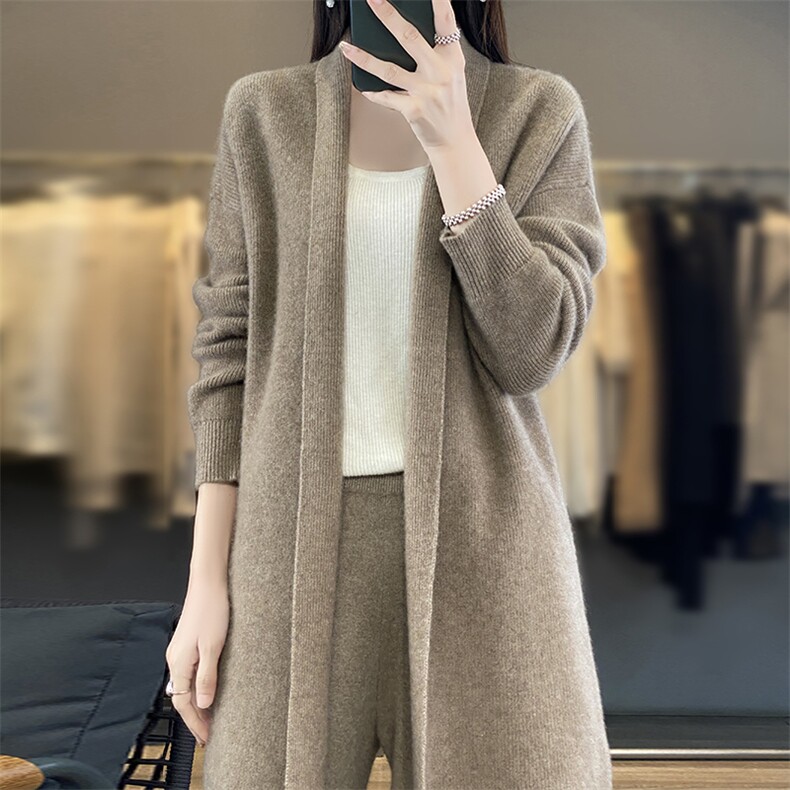 V领中长款100%羊毛开衫大衣女25秋冬宽松慵懒羊绒衫针织毛衣外套,女装羊毛衫,优麦羊绒（原洪叶羊绒）
