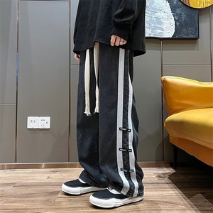 秋季美式高街水洗做旧牛仔裤男士潮牌宽松直筒拼接裤子 K5017-P48图片
