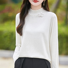 重工钉珠精纺羊毛衫女半高领花朵珍珠针织毛衣宽松时尚套头打底衫，女装羊毛衫，暖烁羊绒