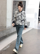 新中式国风外套女2025春新款小个子短款黑色印花盘扣唐装上衣开衫，女装短外套，木橙西子