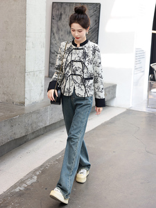 新中式国风外套女2025春新款小个子短款黑色印花盘扣唐装上衣开衫图片