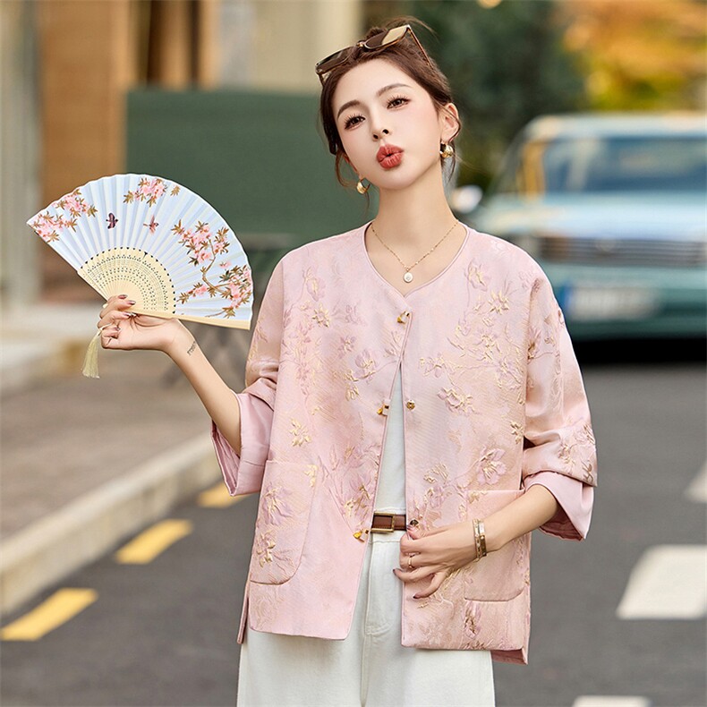 粉色小香风圆领提花外套女2025春季新款今年流行新中式小西服上衣,女装短外套,美沁