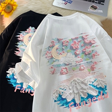 油画印花短袖t恤男款夏季美式复古潮牌青少年七分体恤宽松半截袖，男装T恤，星座617B