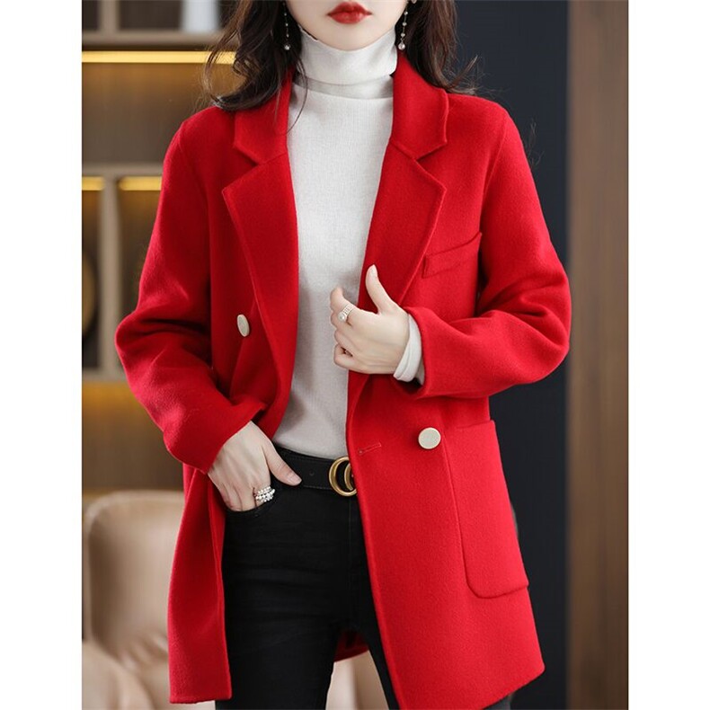 春秋新款韩版西装领双面羊毛呢大衣女小个子中长款毛呢外套潮，女装双面呢大衣，佳恩服饰