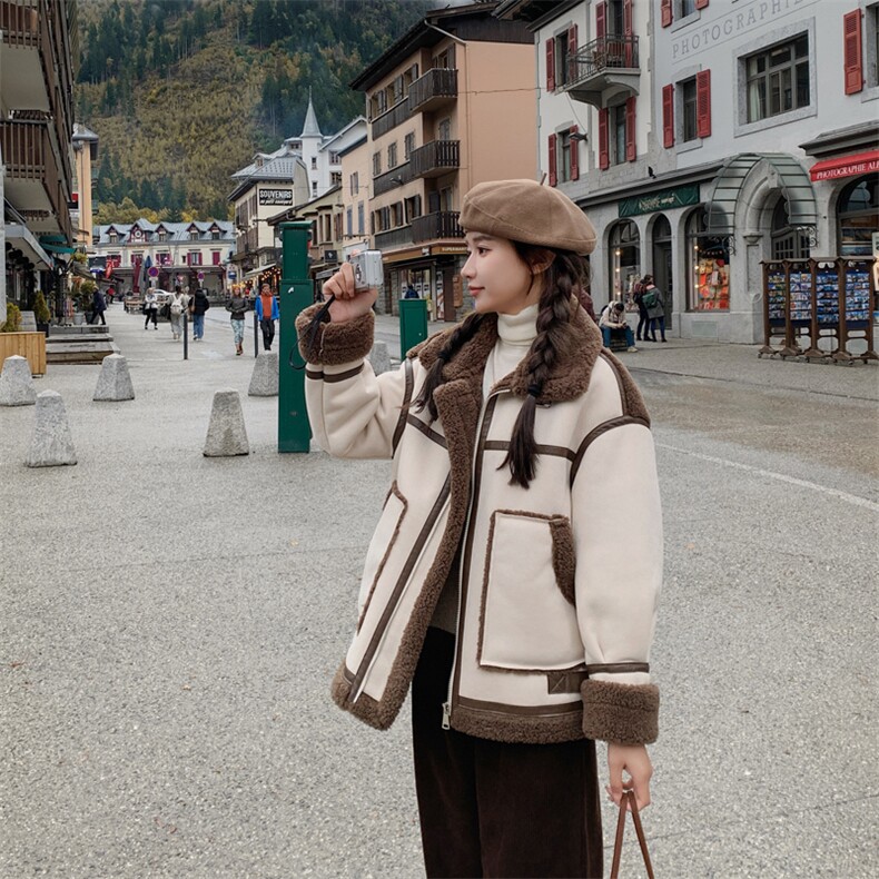 高级感时髦毛绒拼接外套2025冬季新款韩系减龄学院风皮毛一体棉衣，女装羊羔毛/颗粒绒，帛香坊