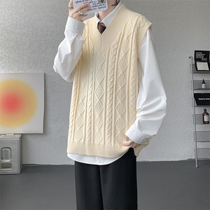 韩系叠穿复古麻花针织衫马甲男学院风早秋穿搭上衣服背心9097P58