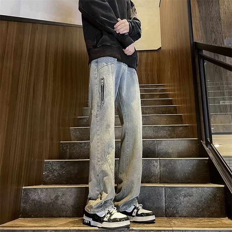 美式街头黄泥染拉链牛仔裤男女高街vibe风直筒裤显瘦微喇叭长裤子,男装牛仔裤,星座601-1