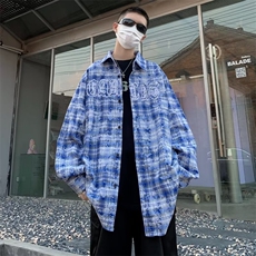 春秋美式高街字母刺绣格子衬衫男长袖潮牌宽松休闲衬衣HS138-P42，男装衬衫，星座1008