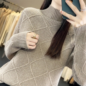 时尚百搭女士羊毛衫菱形方格纹高领毛衣显瘦保暖秋冬新款,女士夏天穿衣搭配图片图片