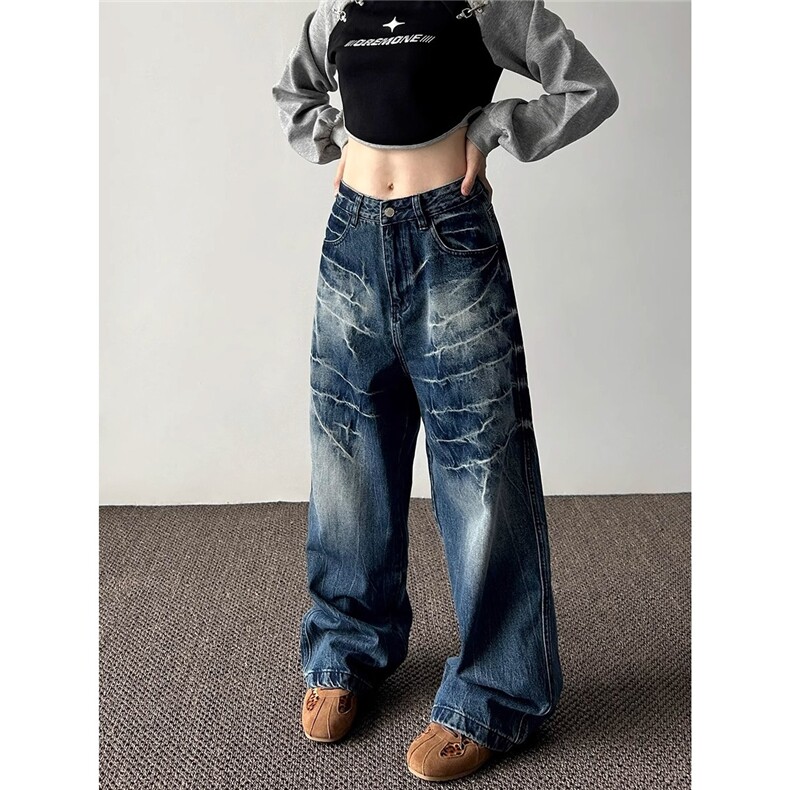 美式复古水洗做旧闪电纹牛仔裤男女街头宽松阔腿裤XN919，男装牛仔裤，星座208-5