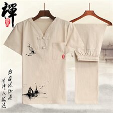 2021新款男士T恤V领中国风棉麻印花大码休闲套装QT2026-M026，男装T恤，星座1512