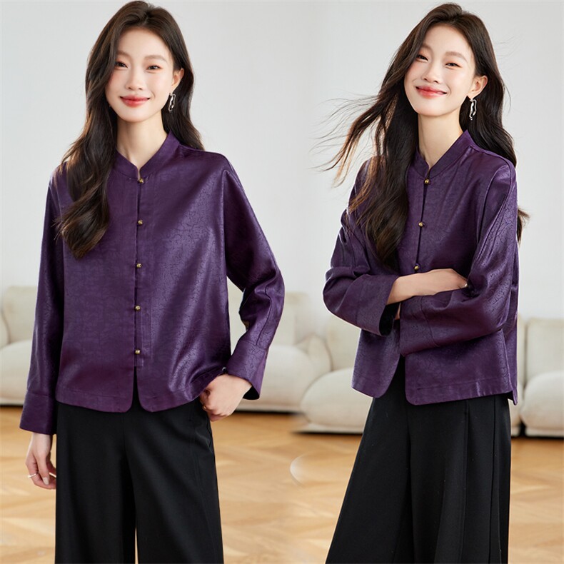 在仓~2025年秋季龟裂纹紫色双面双穿插肩袖外套宽松单排扣拼色，女装短外套，新依时派