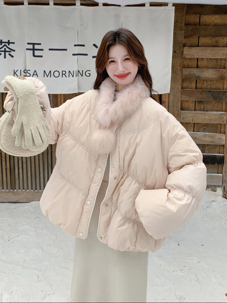 新款现！真狐狸毛保暖粉色羽绒服外套2C133-6003-P280-K408,女装羽绒服,2C133