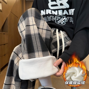薄款改加绒冬季银狐绒复古大码直筒格子裤男K1264J加绒-特P50控88图片
