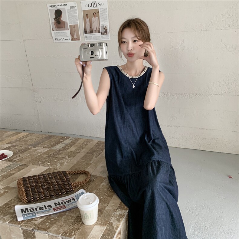 高级感宽松荷叶边鱼尾牛仔长裙女夏新款休闲显瘦气质背心裙连衣裙,女装连衣裙,2C307