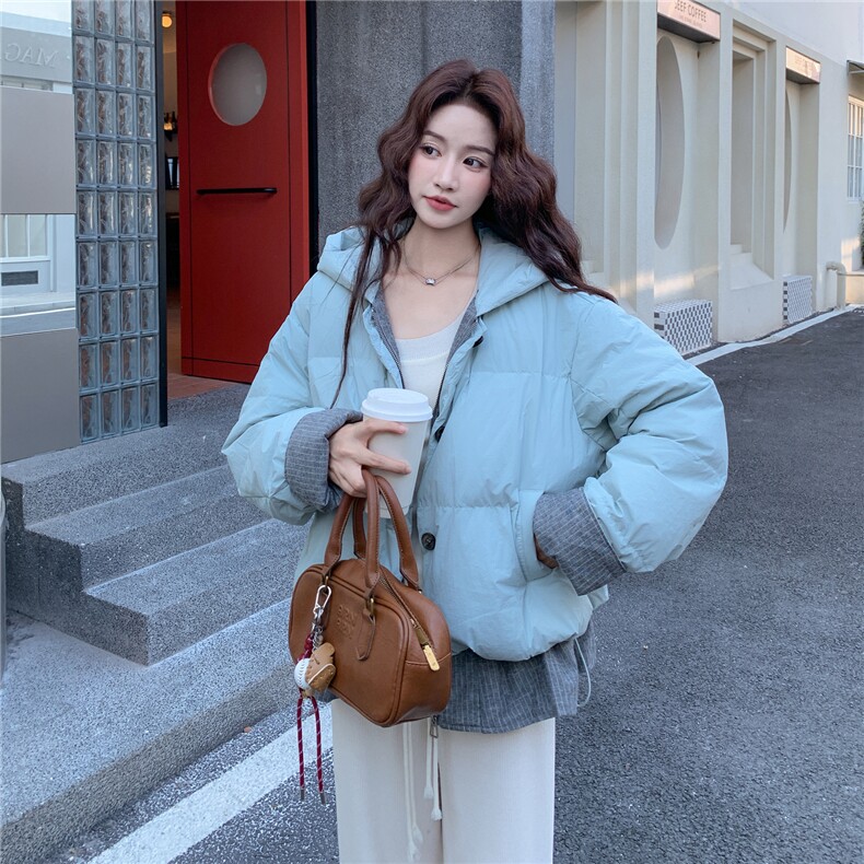 假两件蓝色连帽羽绒服女冬超火好看高级小众漂亮加厚面包服短外套,女装羽绒服,2C307