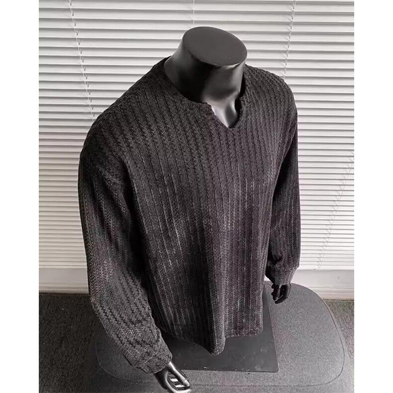 美式高街千鸟格子长袖T恤男女亨利V领英伦雅痞休闲宽松长袖打底衫，男装T恤，电商A486