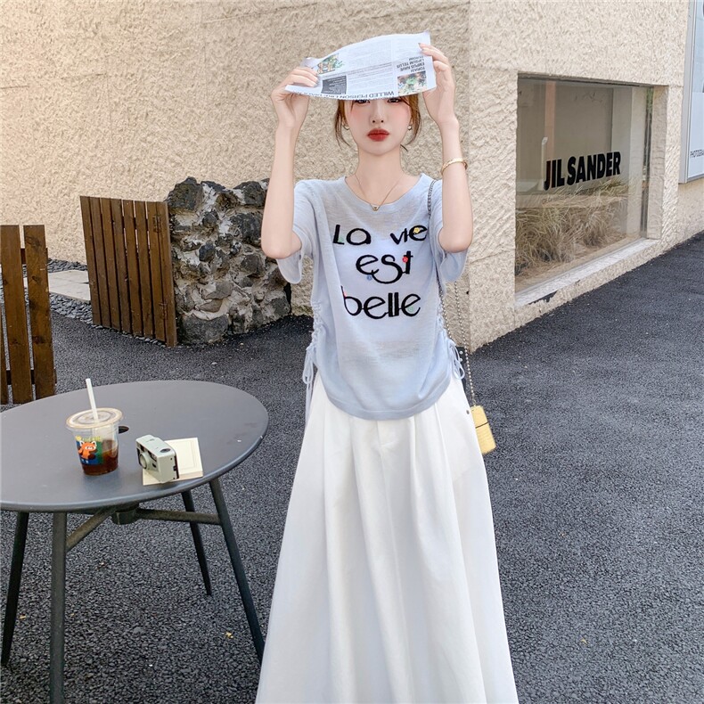 2025夏季新款韩版时尚气质百搭显瘦短袖上衣+高腰半身裙两件套女,女装套装/套裙,2C166