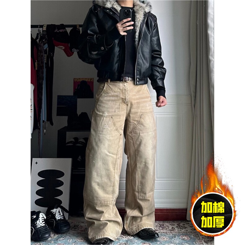 现货冬季美式潮牌痞帅PU皮机车服棉衣毛毛绒狼王座山雕皮棉服,男装棉衣,电商A486