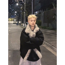 现货重磅硬挺boxy羽绒棉衣座山雕大毛毛领洗水麂皮棉服冬外套，男装棉衣，电商A486