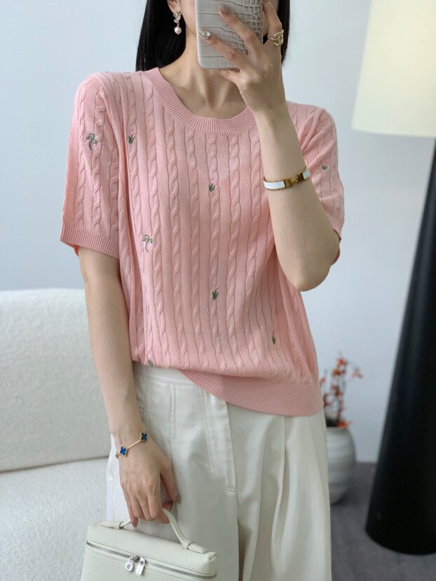 高档夏季新款t恤女短袖圆领宽松休闲正肩穿搭简约洋气小众ins,女装T恤,唐诺
