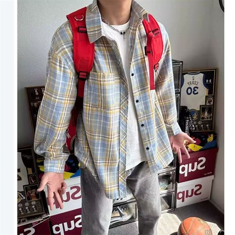 有货格子衬衫男长袖春夏季新款港风复古高街ins潮牌休闲宽松衬,男装衬衫,星座218-1（原230）