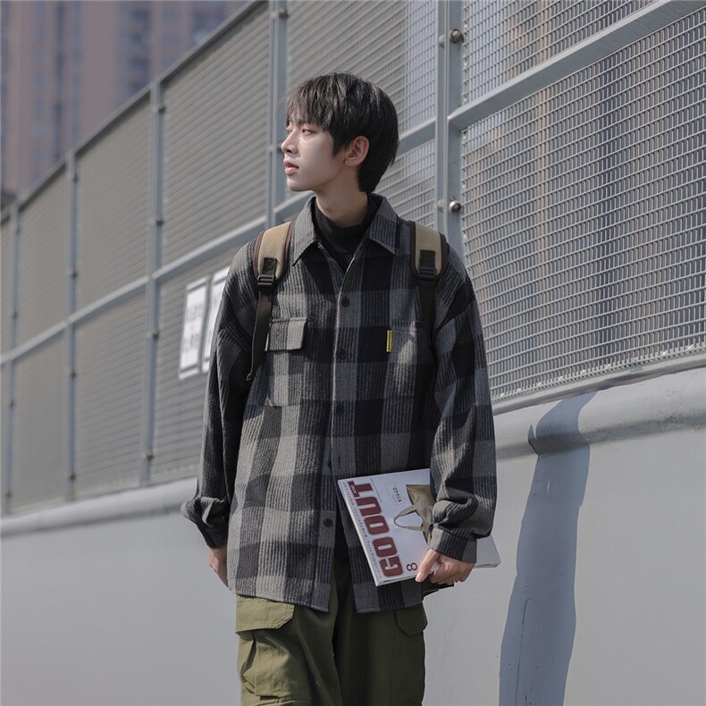 春秋外套cityboy加厚格子长袖衬衫宽松衬衣男DX183P6088,男装衬衫,电商B413-1