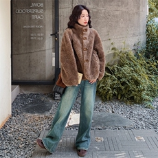 咖色麂皮绒两面穿皮毛一体羊羔毛外套女秋冬2025新款设计气质棉服，女装皮草，2B218