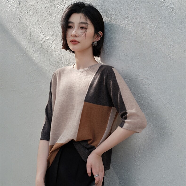 女士嵌花圆领短袖,针织衫/毛衣,江帆羊绒