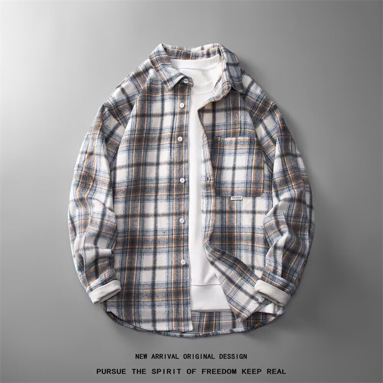 港风秋款男衬衫纯棉贴标格子条纹衬衣外套CS0013P52，男装衬衫，星座1013-1